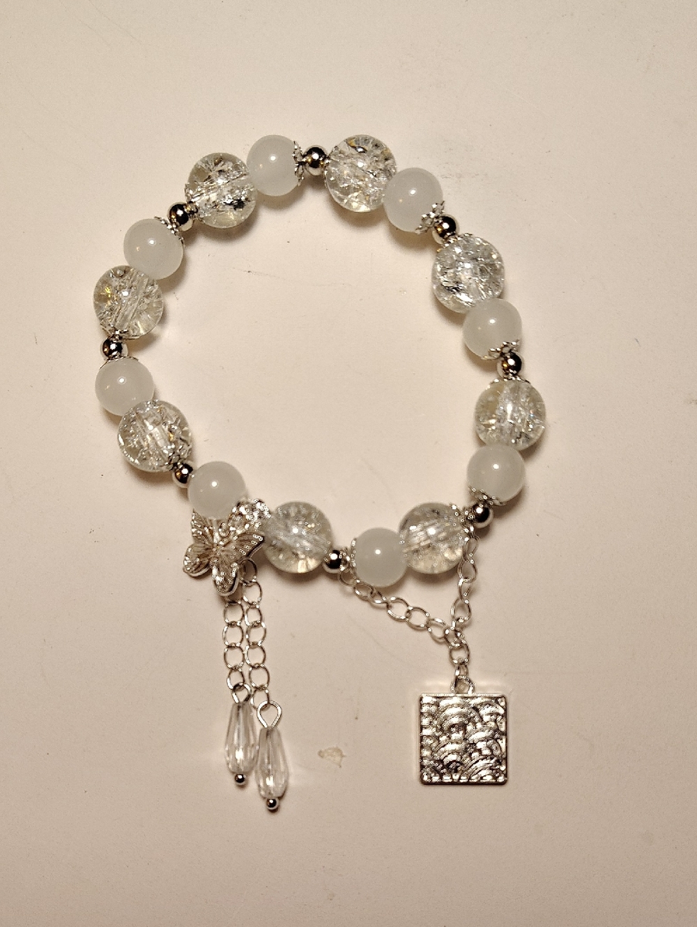 Crystal and White Bead Charm Bracelet - Silver Accents
